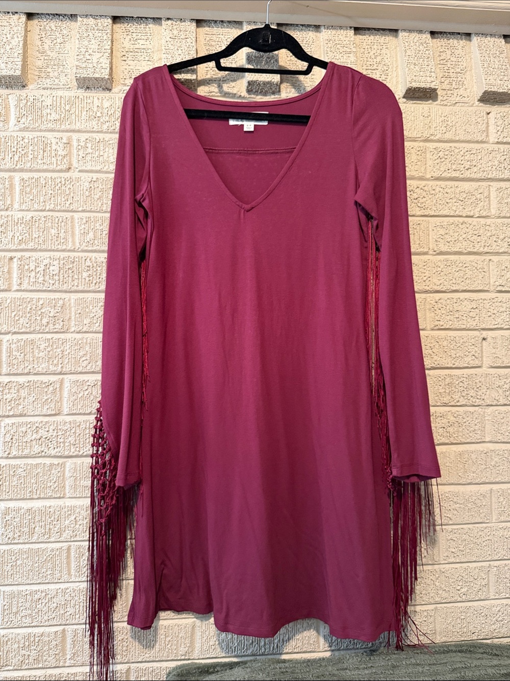 Idyllwind Long Sleeve V-Neck Fringe Dress in Berry